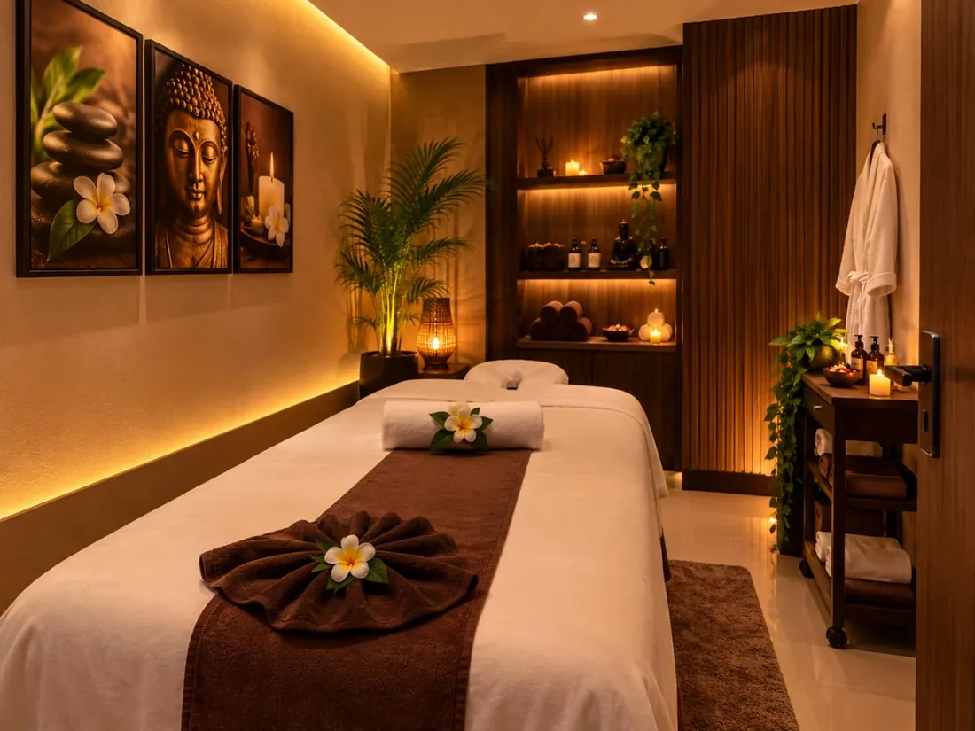 NIVARA SPA massage room with warm lighting, plants and fresh towels